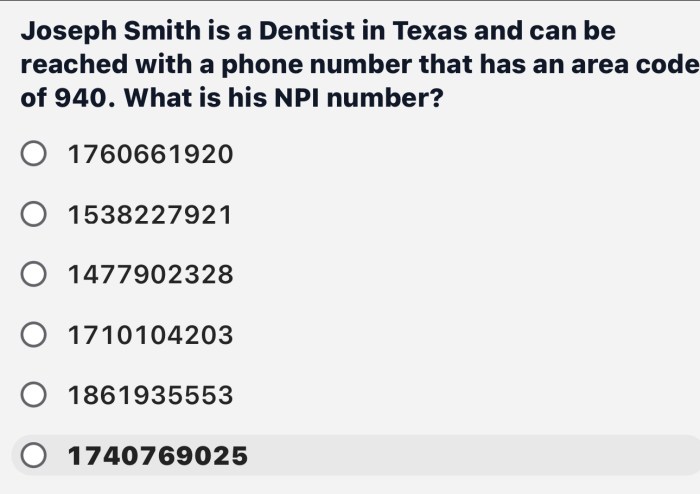 Joseph smith dentist 940 area code npi number